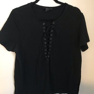 Plus size deep plunge lace up black shirt